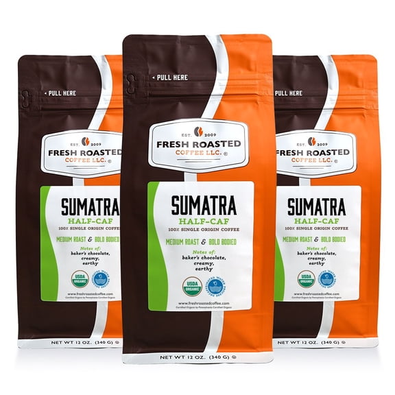 3 pack Fresh Roasted Coffee, Organic Sumatran Water-Processed Half Caf Coffee, Whole Bean, 12 oz