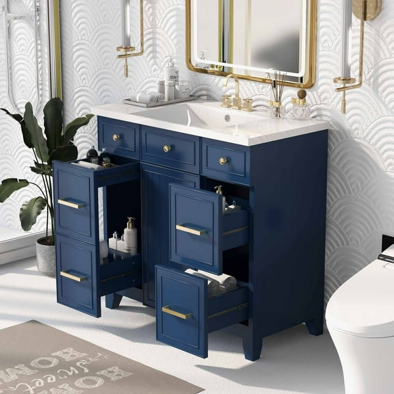Caulitar 36" Bathroom Vanity Cabinet with Single Sink Top Combo Set, Shaker Cabinet with Soft Closing Door and Drawer, Navy Blue