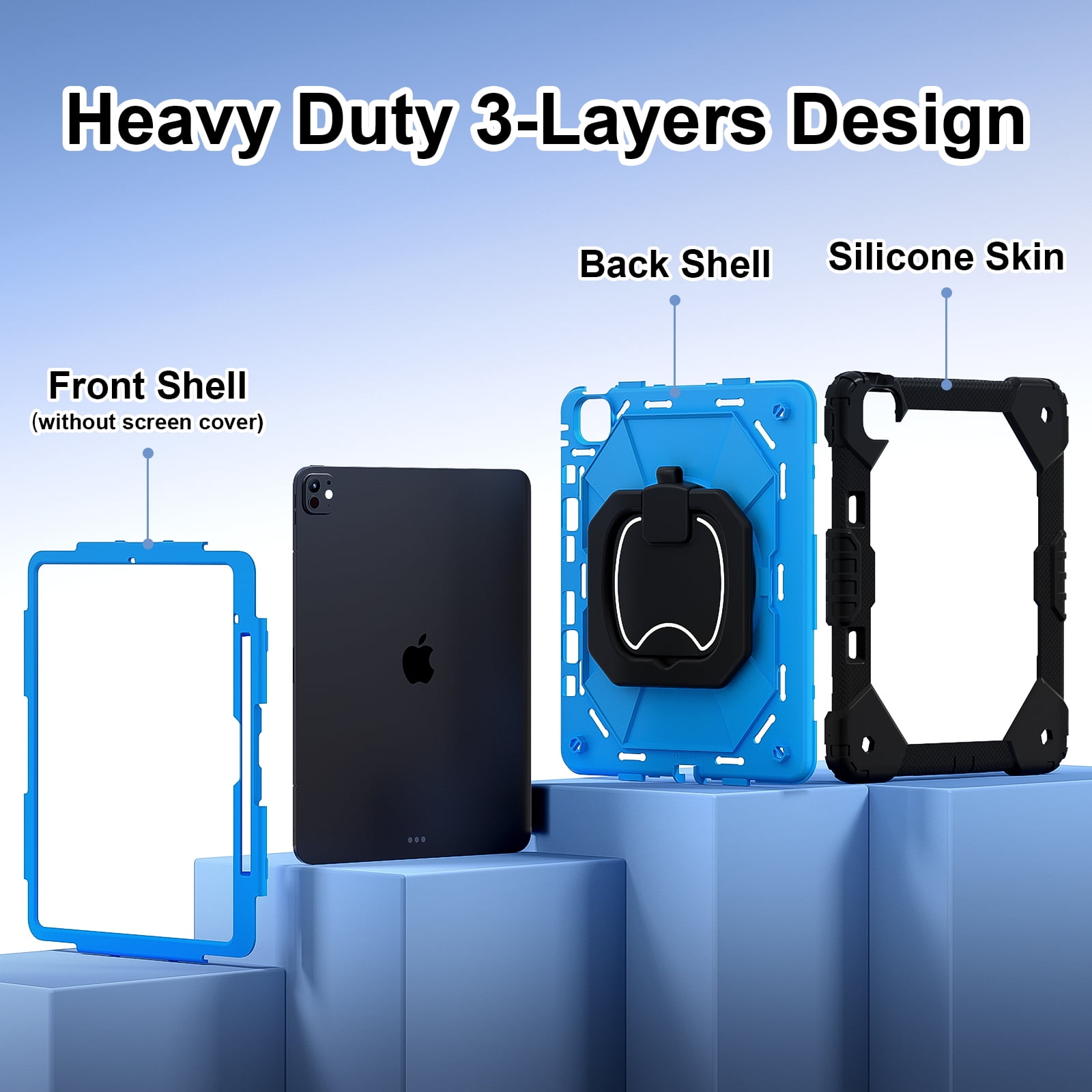 Decase Kids Case for Apple iPad Pro 13 13-inch (M5)(M4) 2025/2024,Shockproof Rotatable Stand Cover,Detachable Shoulder Strap,Rugged 3-Layer Tablet Shell with Pen Holder,Black+Blue