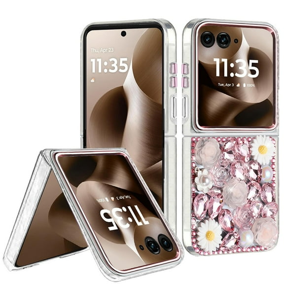 For Motorola Razr Ultra 2025 Spectacular Full Bling Stones Glitter HQ Hybrid Floral Series - Pink