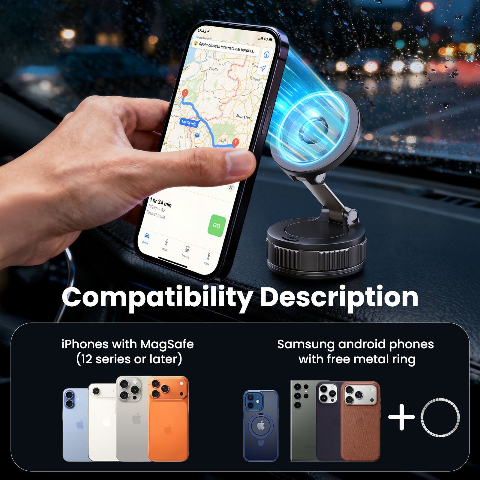 Etepehi Magnetic Car Mount 360° Adjustable, Black photo 2