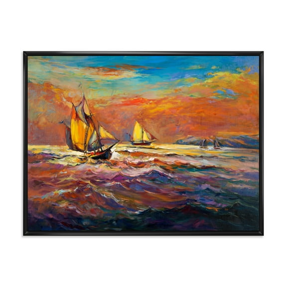 Designart 'Sailships On The Ocean Waves During Orange Evening Glow' Nautical & Coastal Framed Canvas Wall Art Print
