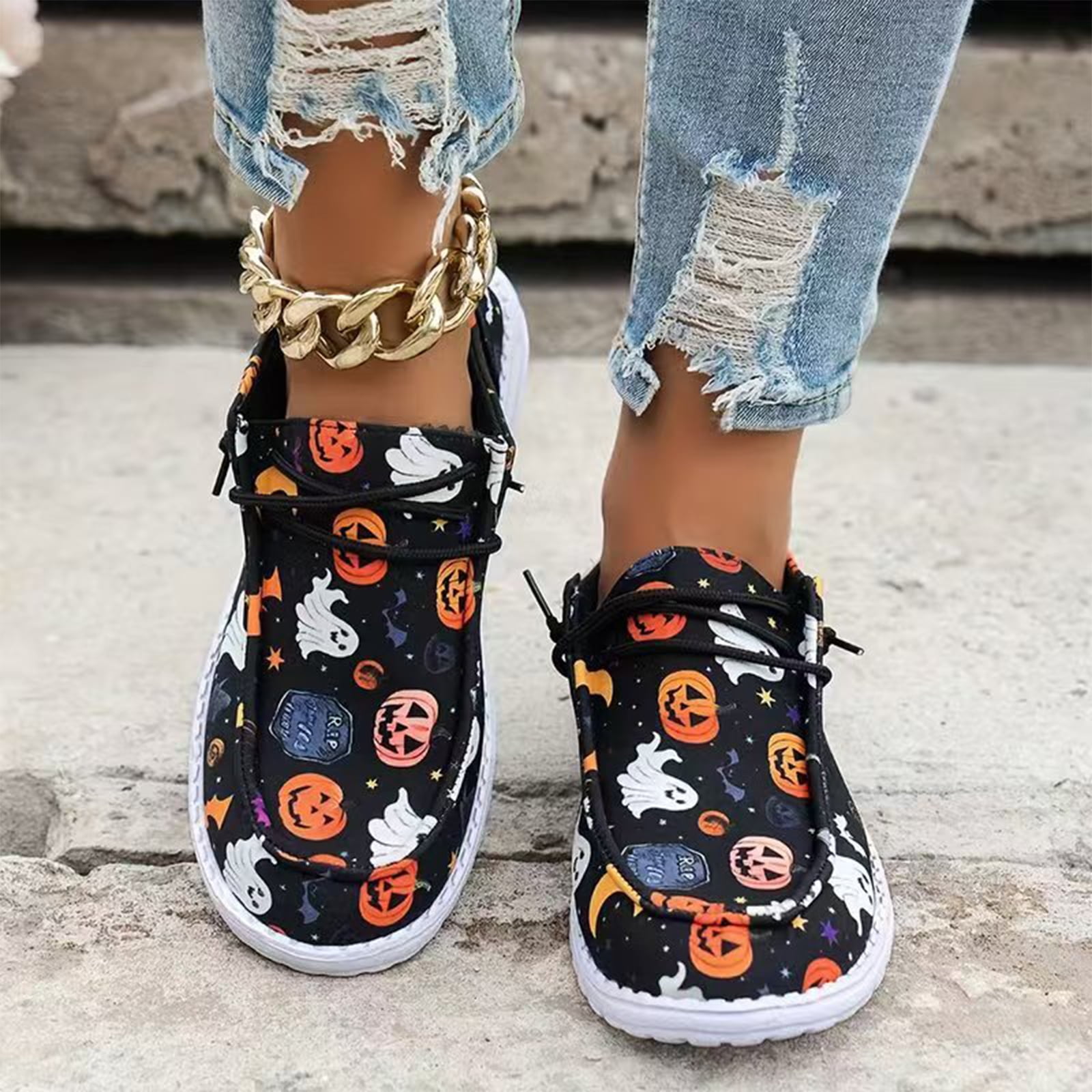 EKVAHL Women's Loafers Lace Up Athletic Sneakers Halloween Pumpkin Print Lightweight Flat Shoes Cozy Non Slip Casual Walking Shoes