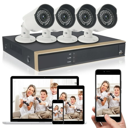 Kick Monitoring System DID 4CH AHD 720P CCTV Camera Security System with 4 pcs IP Outdoor IR Night Vision Home Security Camera System White (Wireless Supporting iPhone & Android) ()