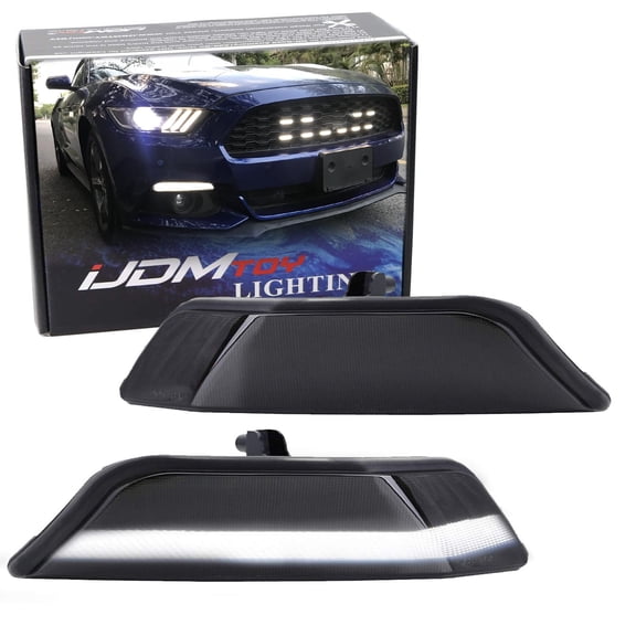 OEM Turn Signal Lamp Replace LED Daytime Running Light Kit For 2015-2017 Ford Mustang (Xenon White LED DRL w/Amber Sequential Blink Turn Signal Feature), Smoked Lens