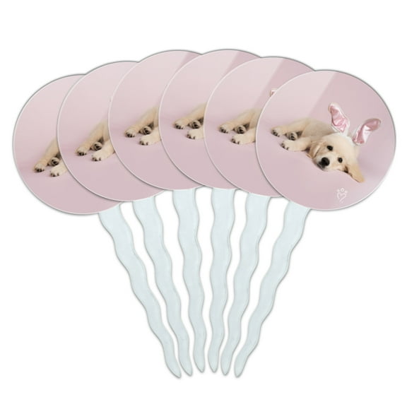 Golden Retriever Puppy Dog Rabbit Bunny Ears Cupcake Picks Toppers Decoration Set of 6