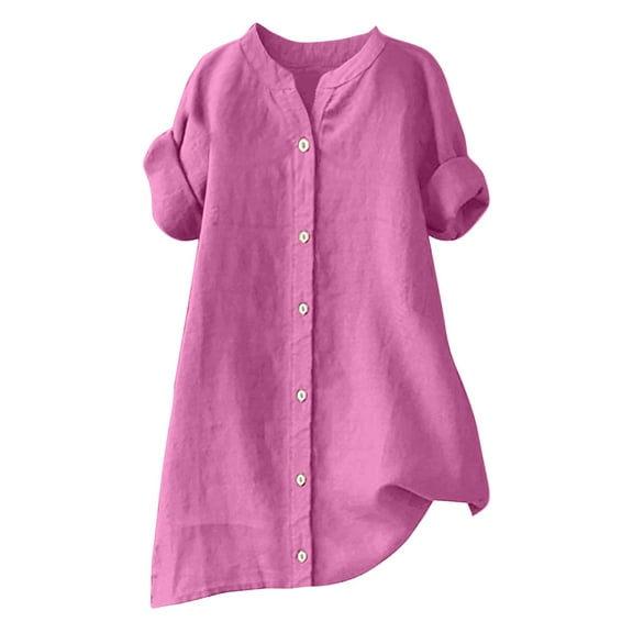 GEWSEY Button Down Shirts for Women Dress Shirts Long Sleeve -Free Blouse Casual Solid Office Work Tunic Top (Hot Pink, XL)