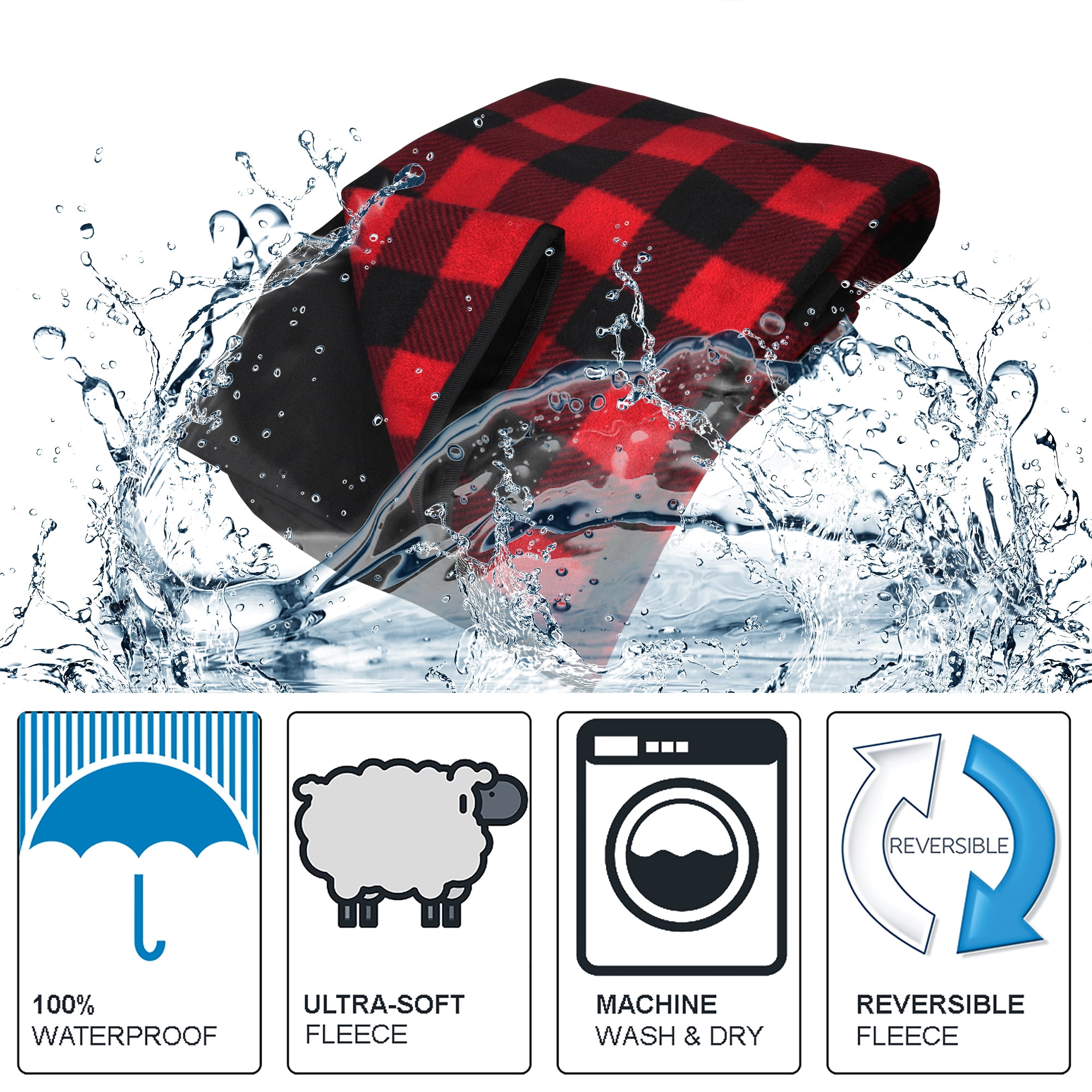 FlyingStar Waterproof Outdoor Blanket with Sherpa Lining, Windproof Triple Layers Warm Comfy Foldable for Camping Stadium, Sports, Picnic, Grass, Pet, Red Plaid No Sherpa(Fleece Only)51''X 59''