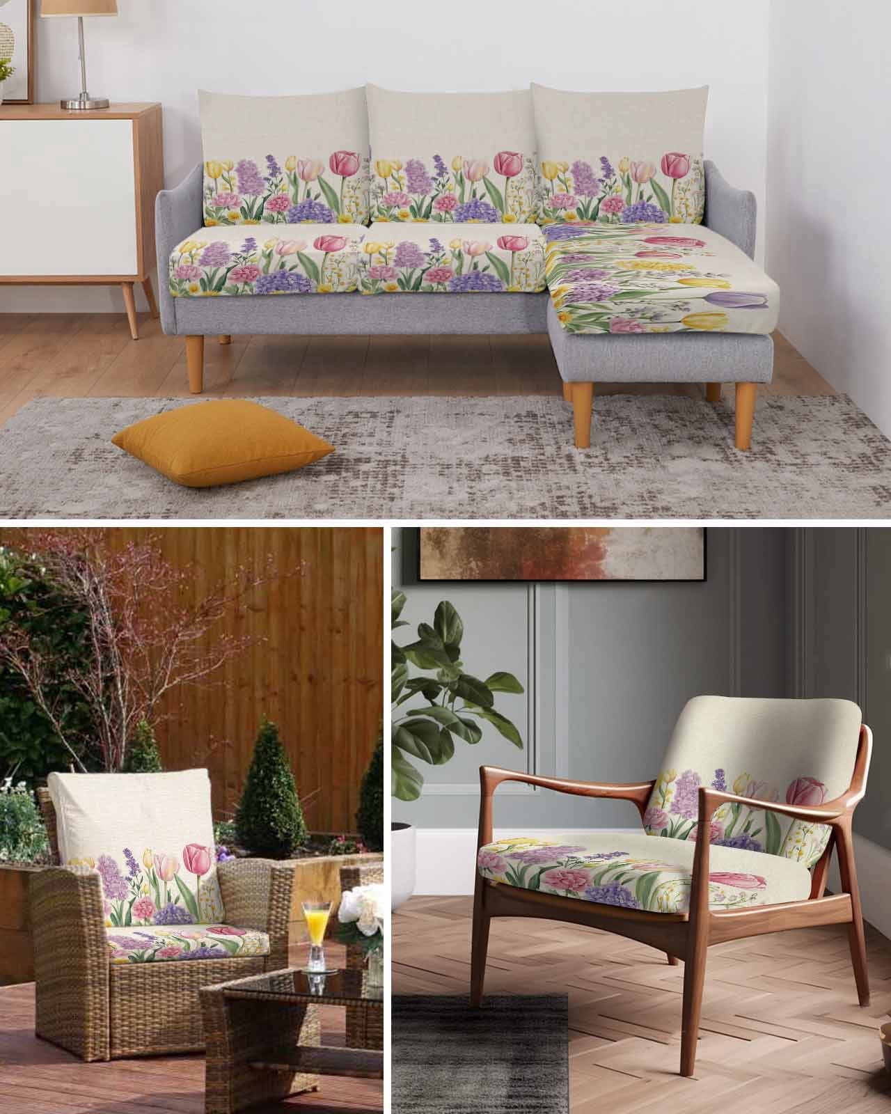 Spring Floral Couch Cushion Covers,Stretch Seat Cushion Covers for Sectional Sofa,Pink Tulip Summer Botanical Rustic Individual Sofa&nbsp;Slipcovers Furniture Protector with Elastic Straps 1Pcs, S