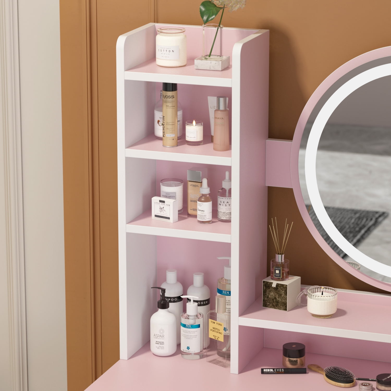 OxyLife Contemporary Vanity Set with LED Lights, Pink Table and Stool