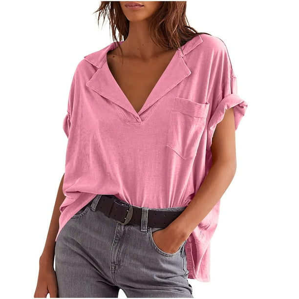 Camisas de Manga Corta para las Mujeres Casual Cuello en V Sólido, Mezcla de Algodón Moda de Verano Blusa Superior