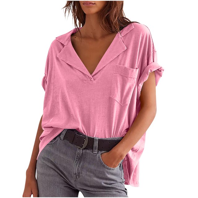 JIUIKE Oversized Tops for Women Short Sleeve T-Shirts Deep V Neck Solid Color Loose Fitting Tees