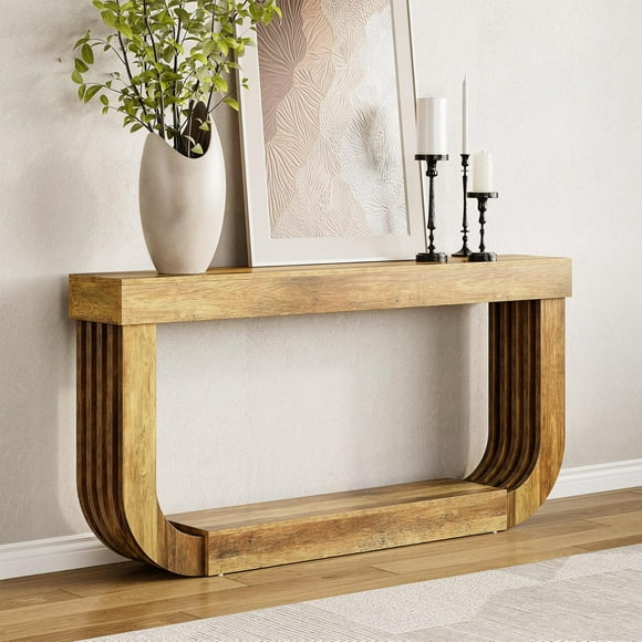 Fnova 70.9" Long Console Table, 2-Tier Rustic-Modern Storage Wooden Sofa Table with U-Shaped Pedestal for Living Room, Entryway/Hallway/Foyer