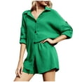 thumbnail image 1 of BLVB Women's Casual 2 Piece Outfits Tracksuits Long Sleeve Button down Shirts Wide Leg Shorts Matching Lounge Sets, 1 of 9