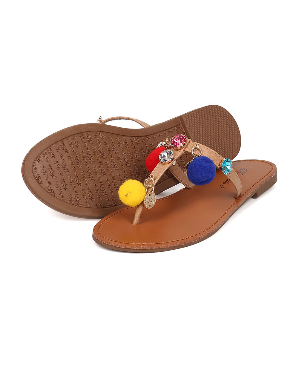 Women Leatherette T-Strap Dangling Charms and Pom Pom Sandal HA18
