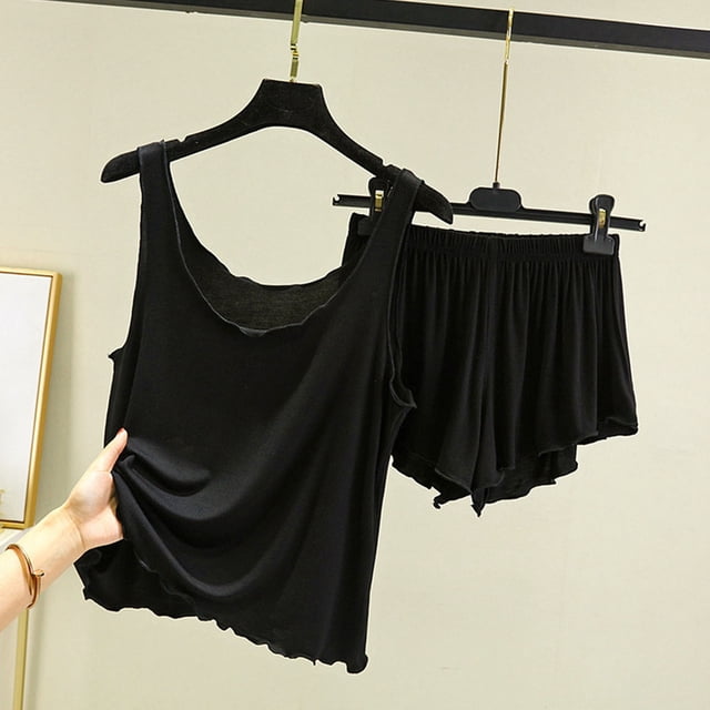 asjyhkr Pyjama en Modal pour Femmes Ensemble 2 Pcs Débardeur Sans Manches à Col Ras du Cou Shorts à Taille Élastique Décontracté Léger Tenue d'Intérieur Vêtement de Nuit Pyjama Uni