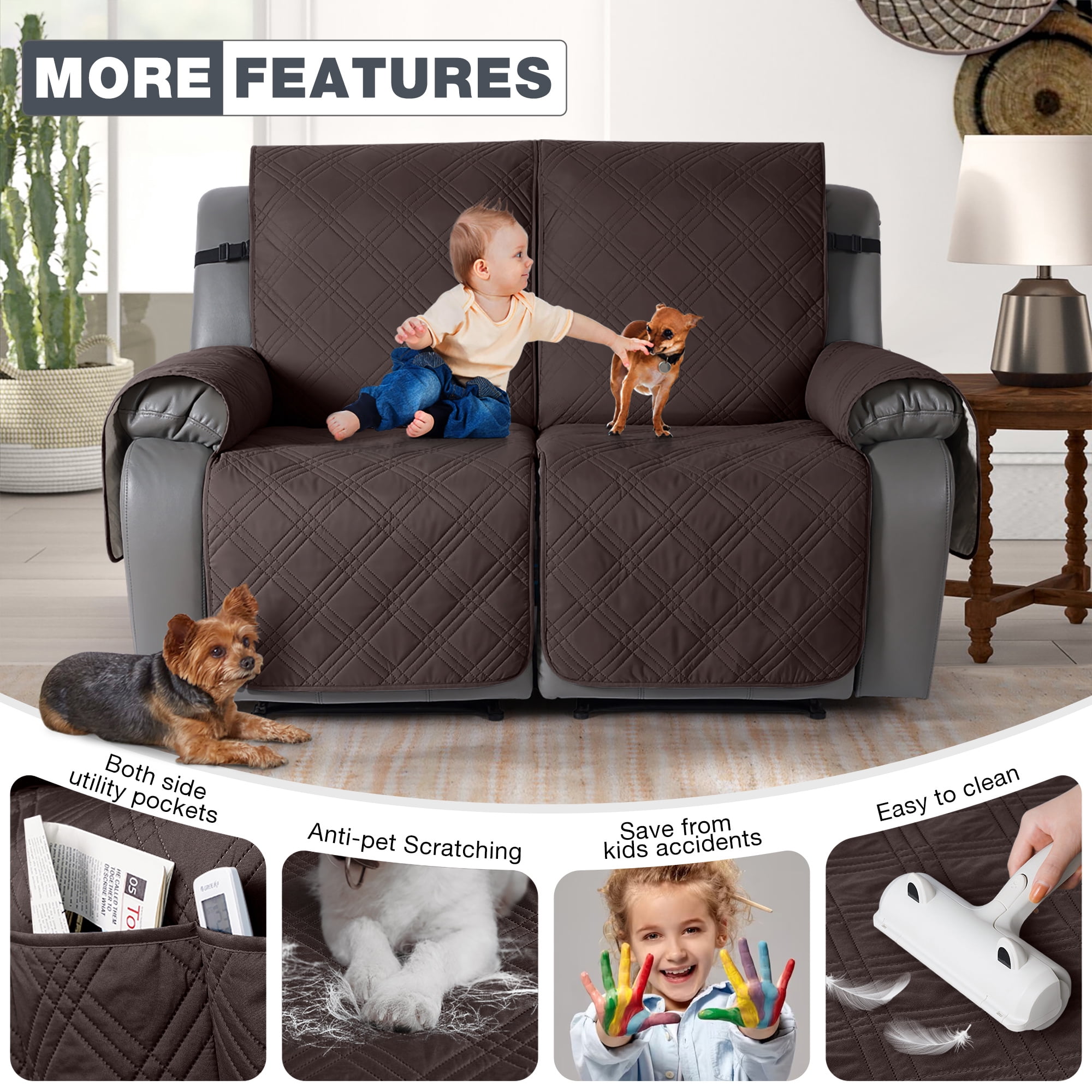 TAOCOCO Waterproof Recliner Couch Covers, Anti-Slip Sofa Slipcovers for Reclining 2 Seater Couch, Split Sofa Cover for Each Seat with Pockets Pets Furniture Protector,Chocolate
