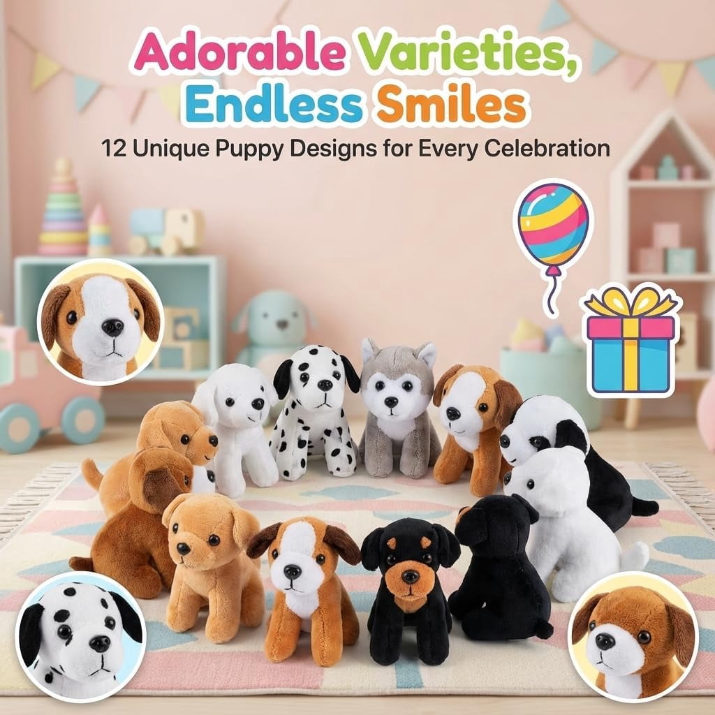 Bedwina Plush Puppy Dogs Pack of 12 – 6 Inch Soft Stuffed Animals Bulk Assorted Cute Dog Plush Toys for Kids, Stocking Stuffers, Birthday Gifts