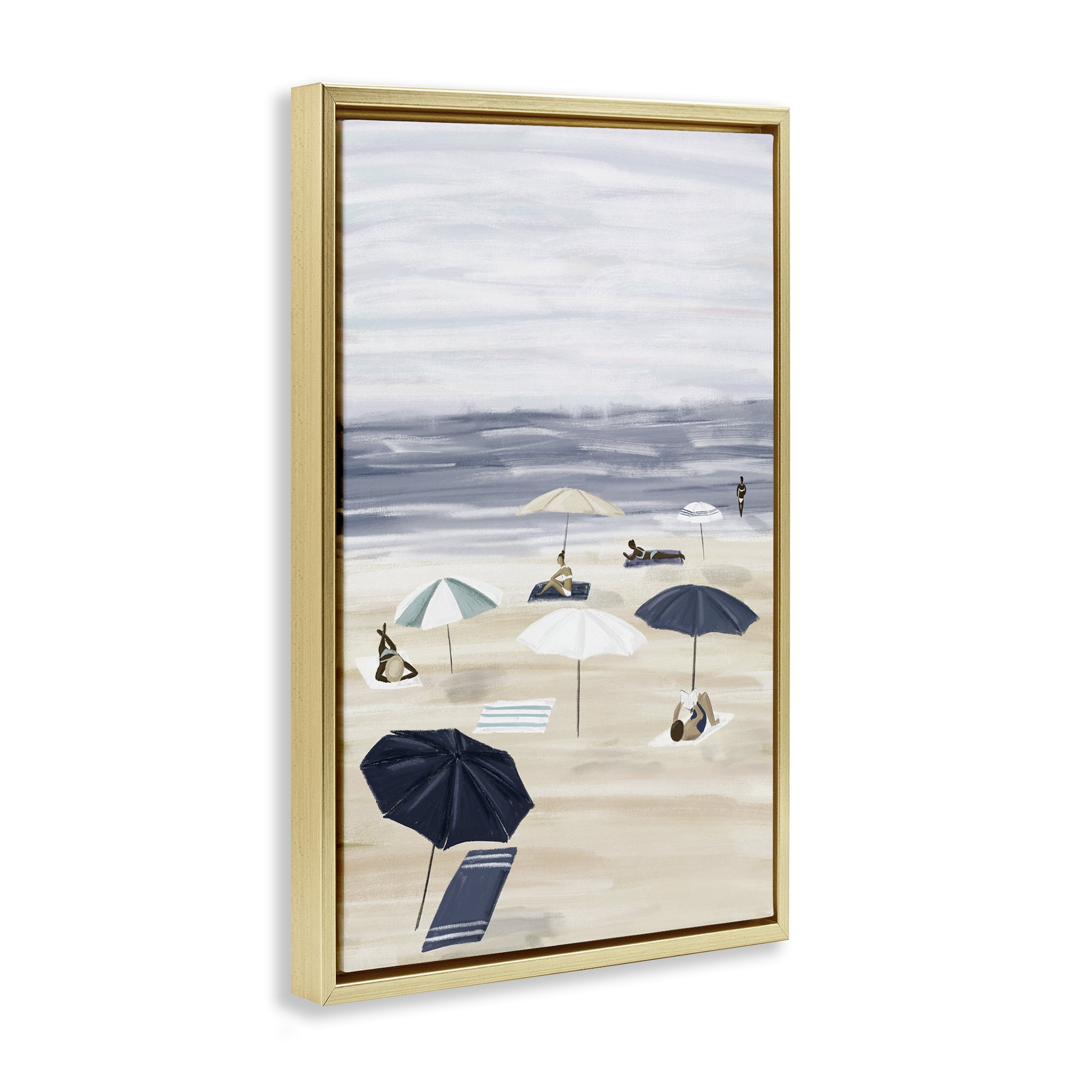 Stupell Industries Beachgoers with Umbrellas Nautical & Beach Painting Gold Floater Framed Canvas Art Print Wall Art, 21 x 31