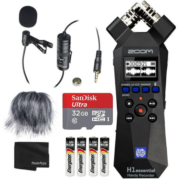 Práctico paquete de grabadora Zoom H1essential con micrófono de condensador Lavalier profesional, tarjeta microSDHC de 32 GB, parabrisas Furry Micrófono, 4 pilas alcalinas AAA y mucho más.