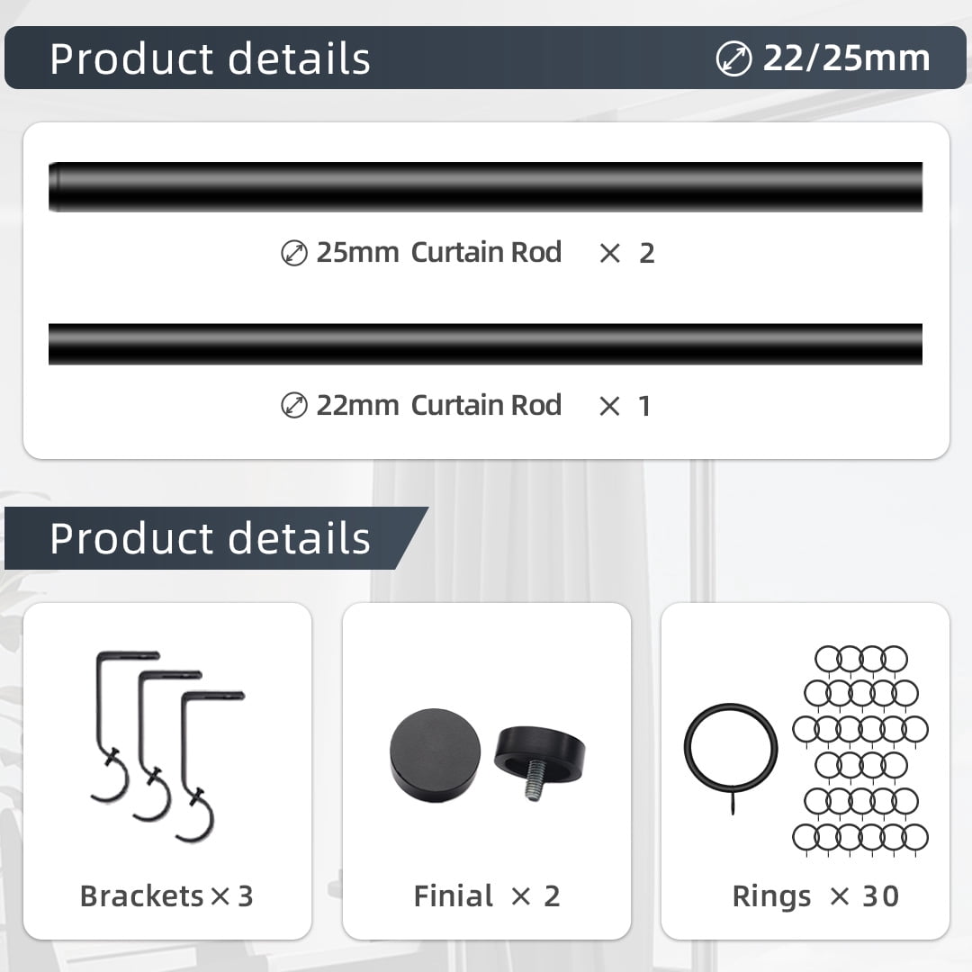 1" Diameter Standard Decorative Window Curtain Rod, Adjustable Curtain Rod for Windows , Acrylic Square Finials ，Black