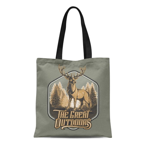 ASHLEIGH Canvas Tote Bag Hunting Wild Deer Emblem Wood Carving Vintage Forest Adventure Durable Reusable Shopping Shoulder Grocery Bag