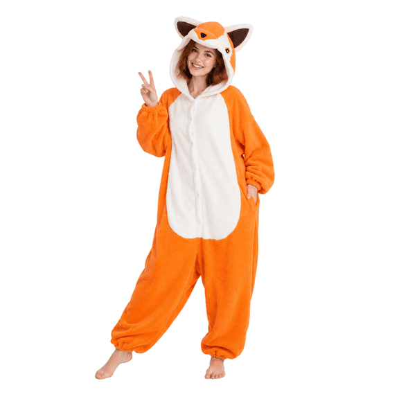 Ahititi Adult Fox Onesie Pajamas, Plush Hooded Halloween Costume with Pockets for Men & Women,Animals Outfit,Party,Holiday