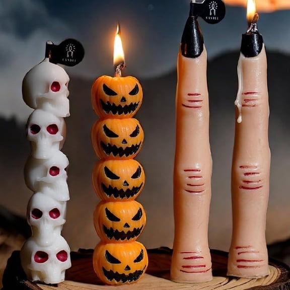 4PCS Halloween Mini Candles, Scented Soy Wax Drip Candles with Ghost, Skull, Pumpkin & Bone Finger Designs, Spooky Tabletop Decorations for Halloween Party or Gift