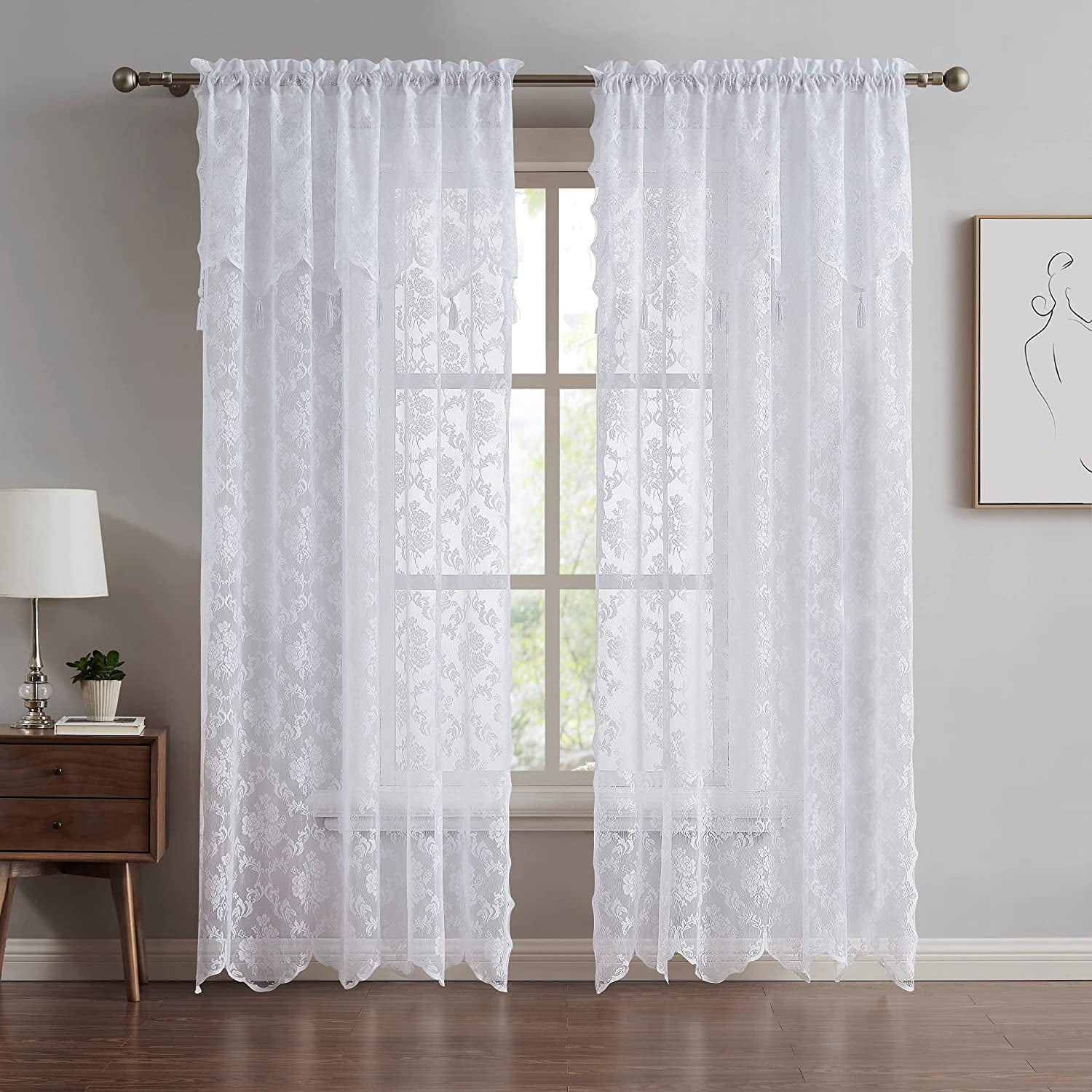 WARM HOME DESIGNS Luxury 96 Inches Long White Lace Curtains with Valance and Tassels for Living Room, Dining Room or Bedroom. MC White 96