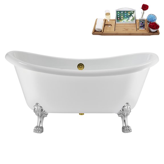 59" Streamline N4880CH-GLD Soaking Clawfoot Tub and Tray With External Drain in Polished Gold and Polished Chrome Clawfeet
