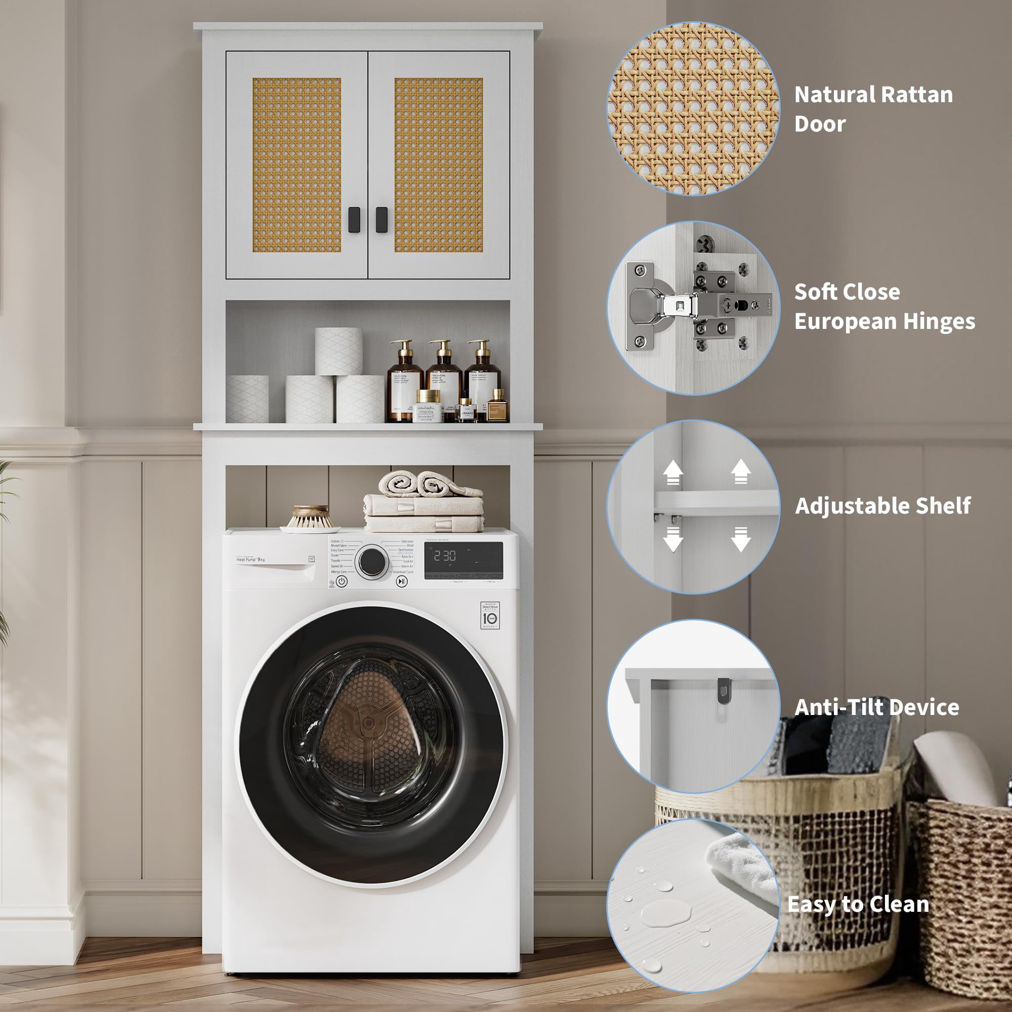 Danolapsi Rattan Toilet Storage Cabinet,Over The Toilet Storage Cabinet,Farmhouse Over Toilet Bathroom Organizer with Rattan Doors,Freestanding Wood Above Toilet Storage Cabinet with Adjustable Shelf