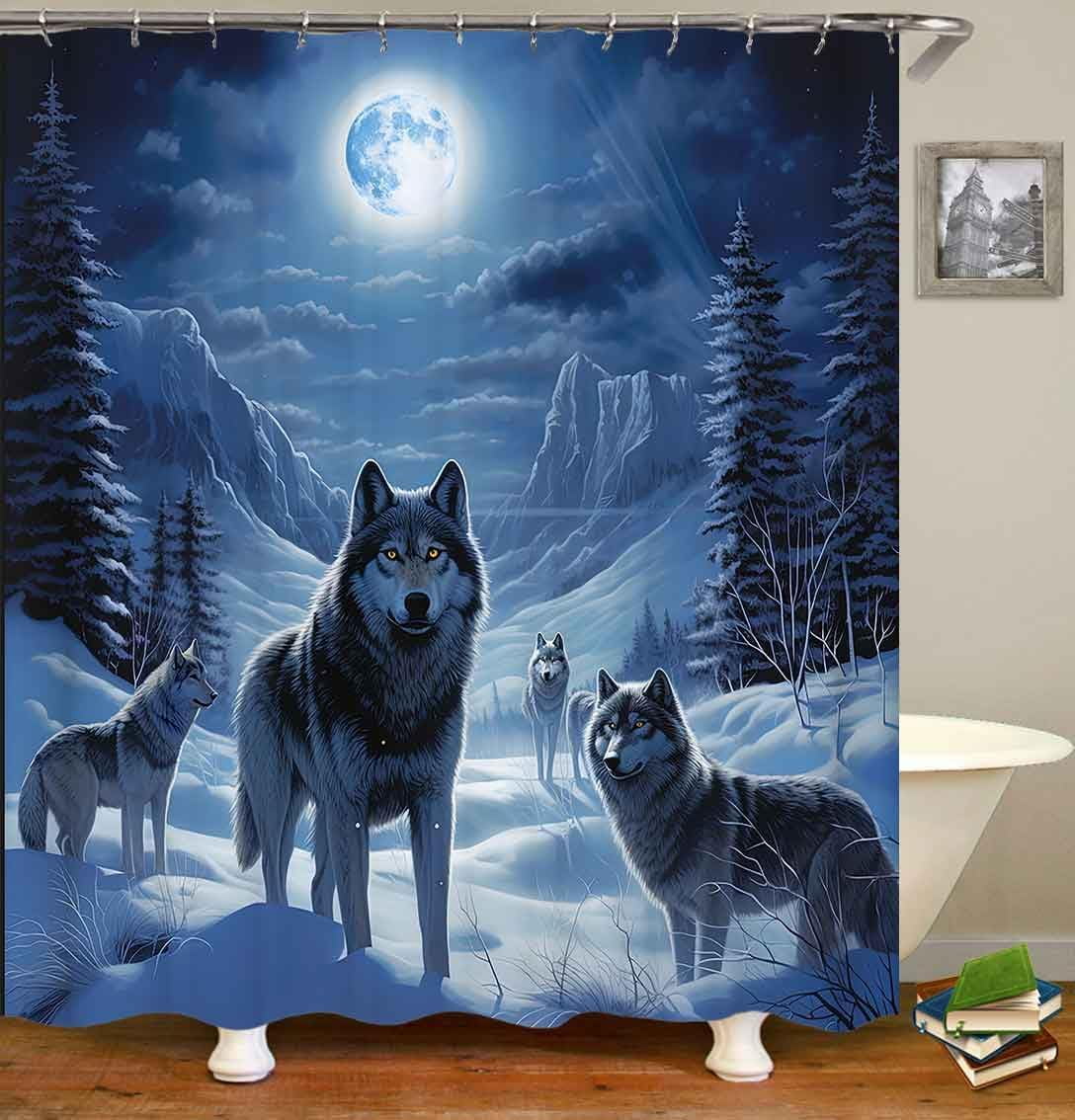 4PCS Wolf Shower Curtain Set, Wild Animal Wildlife Wolves Bathroom Decor, Waterproof Fabric Teal Shower Curtain, Non-Slip Bath Mat Bathroom Rugs, Wolf Gifts for Men Teen Boys