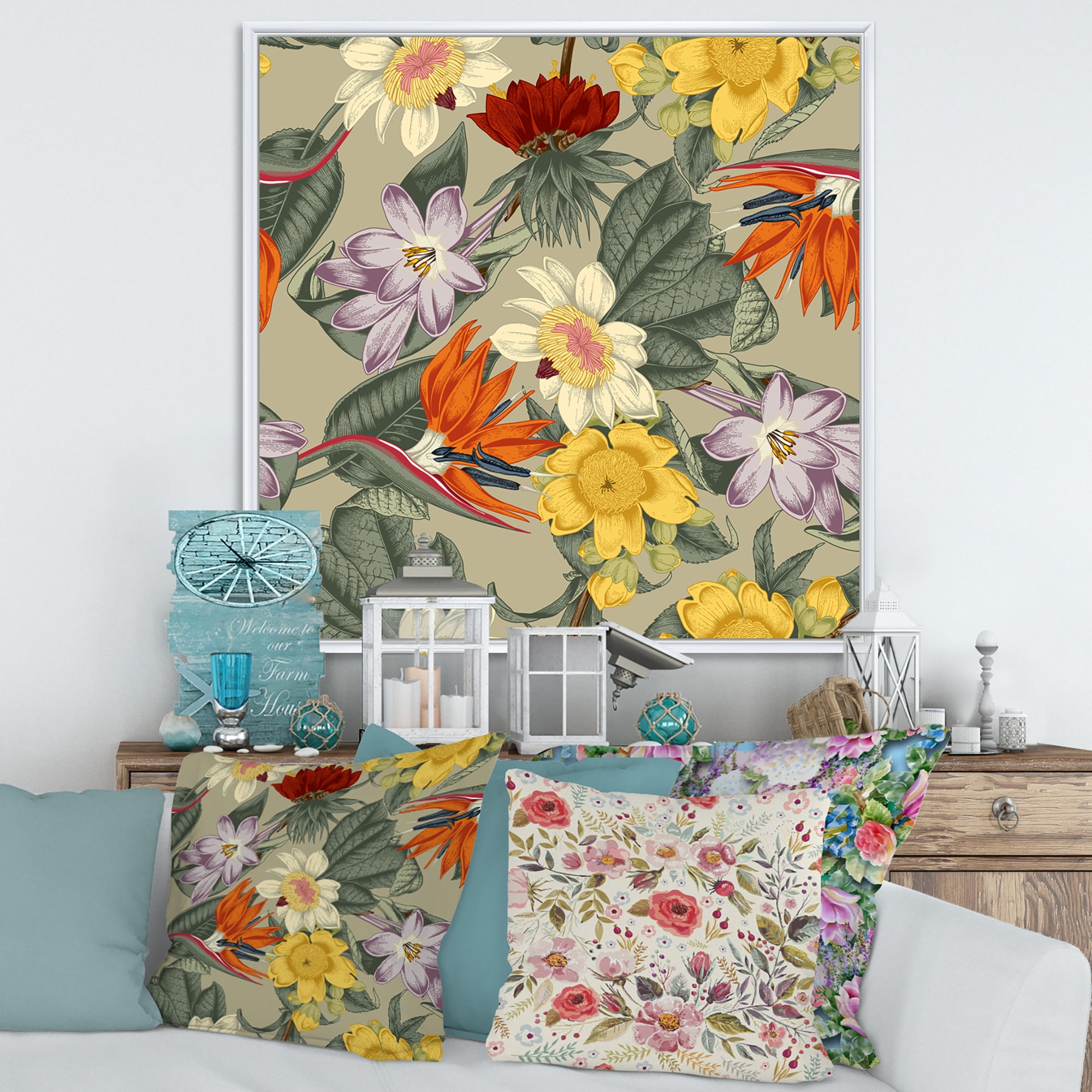 Ancient Exotic Flowers In Orange and Yellow 30 in x 30 in Framed Painting Canvas Art Print, by Designart