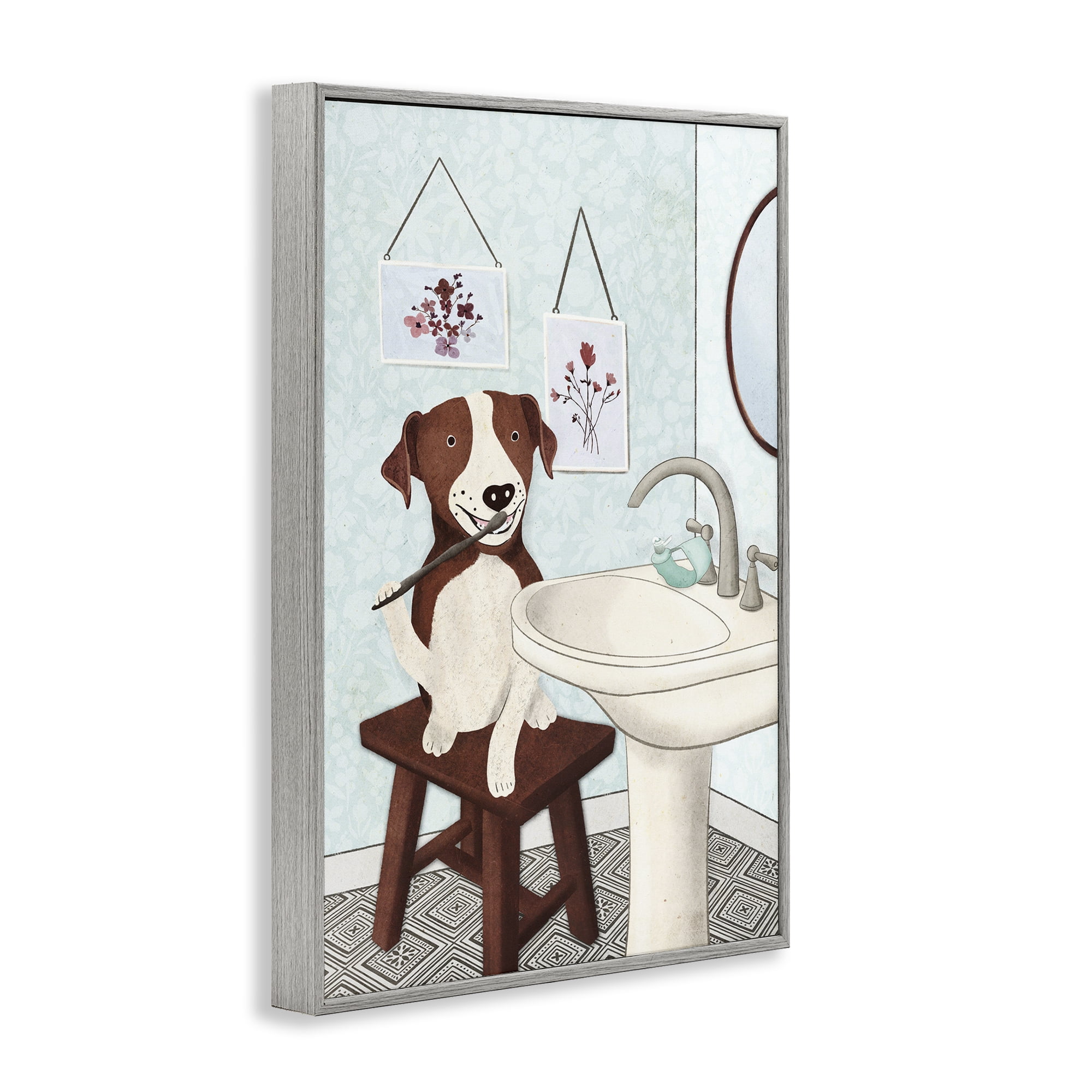 Stupell Industries Dog Brushing Teeth Typography Painting Gray Framed Art Print Wall Art, 16 x 24