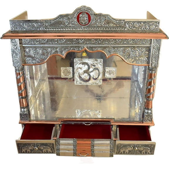 Desi Bazar Pooja Mandir for Home (Indian Hindu Temple for House) - 32" Step Open Puja Mandir Silver Platted Wooden Temple Altar