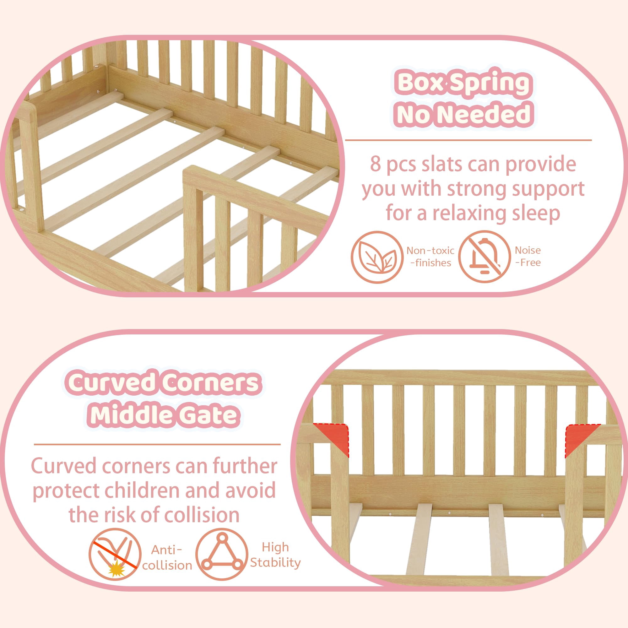Twin Floor Bed with High Rails, Wooden Montessori Bed Frame with Single Color Light and House Shape Design, Low Profile Beds for Kids, twin bed frames Natural