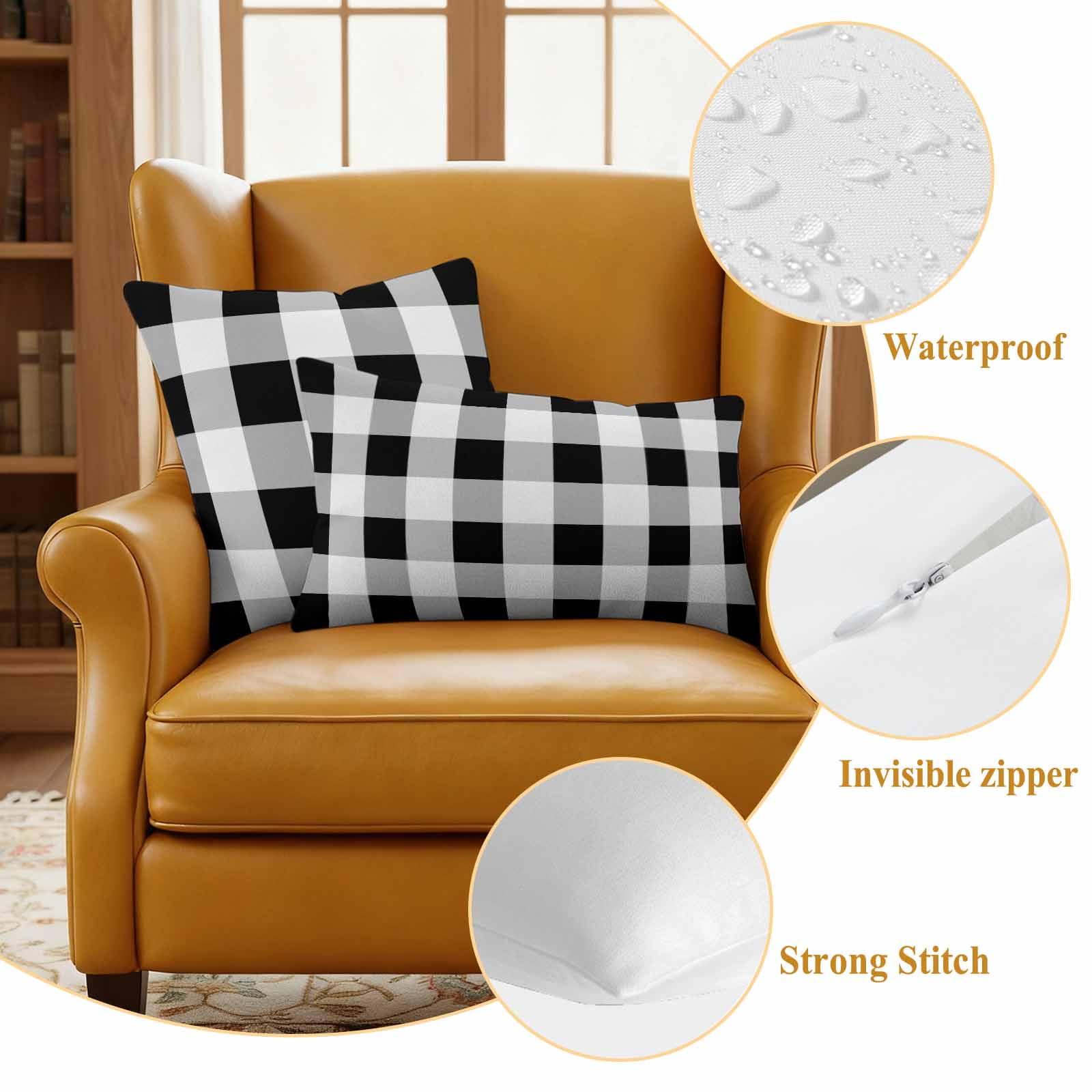 Pack of 2 Outdoor Pillow Covers,Waterproof Black White Plaid Throw Pillow Covers,Spring Farmhouse Buffalo Checkered Decorative Pillowcases Cushion Covers for Couch Pillow Sham Protector 26x26 Inch