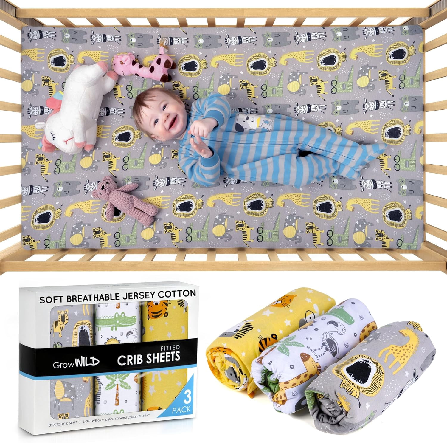GROW WILD Safari Baby Crib Sheets - 52"x28"x9" Fitted Crib Sheets for Baby Boy or Girl (3 Pack)