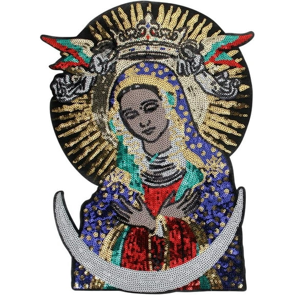 Large Gold Sequins Blessed Virgin Mary Goddess Embroidered Applique Badge Sew on Emblem 1 Piece