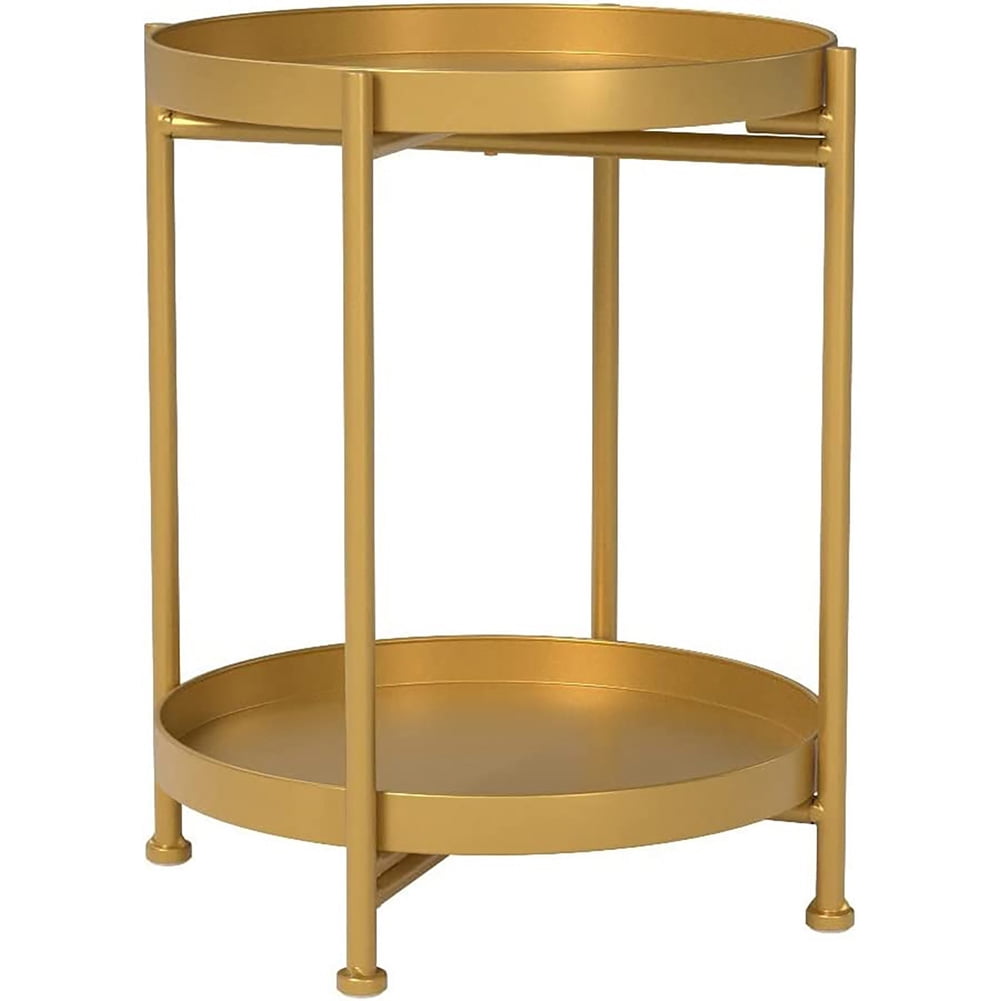 Gold Folding Table 2 Tier Metal Round Table with Removable Tray for
