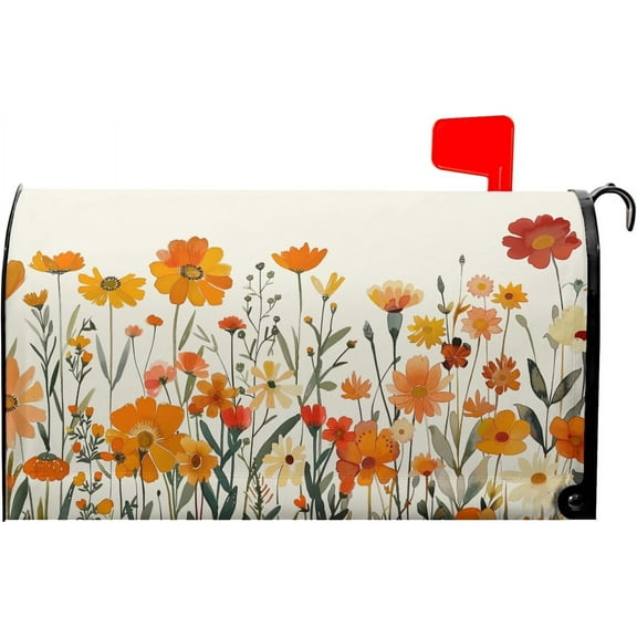 Autumn Orange Flowers Mailbox Covers Magnetic Standard Size 18" X 21",Fall Thanksgiving Floral Mailbox Wraps Post Letter Box Cover for Holiday Garden Yard Decor