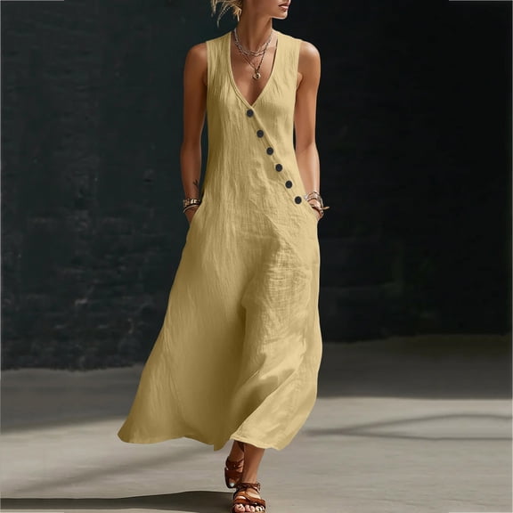 TaTaai Women Casual V-Neck Sleeveless Long Dress Loose Fit Ruffled Edge with Belt Stylish Summer Spring Dress Soft Comfortable for Daily Dating Vacation Wear Gift