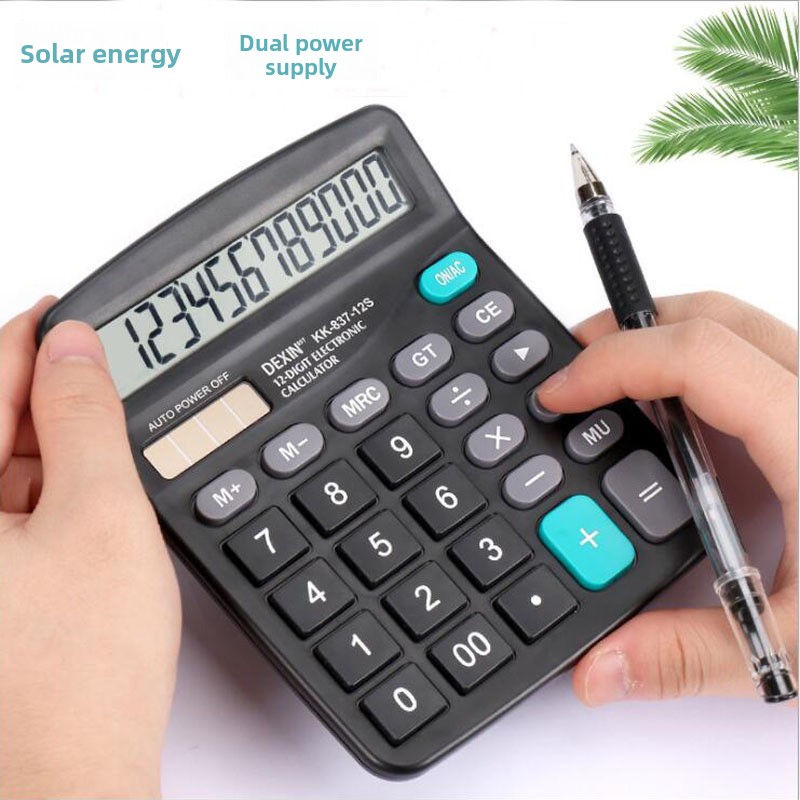 Solar calculator, dual power supply, low energy consumption, desktop office supplies.