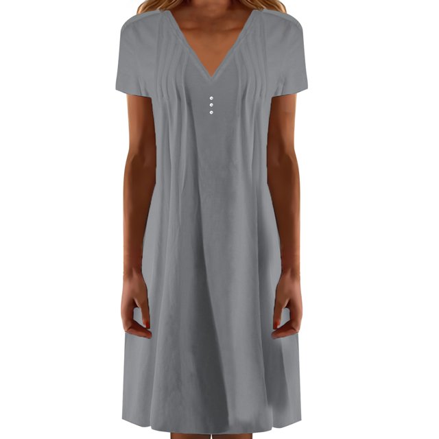 WILLBEST Robe Courte Femme Col en V Décontractée Plissée Boutonnée Couleur Unie Manches Courtes