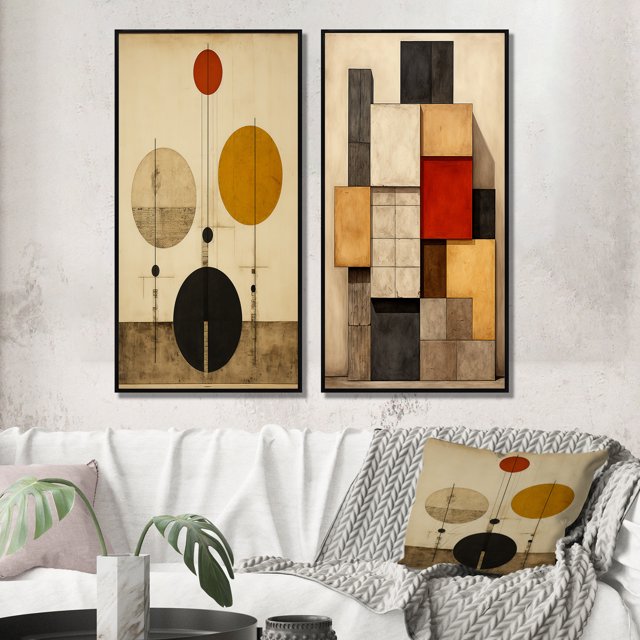 Designart "Conversing with Geometry Retro Artistry II" Modern Geometric Framed Wall Art Set Of 2 - Modern Gold Framed Canvas Set For Living Room Decor