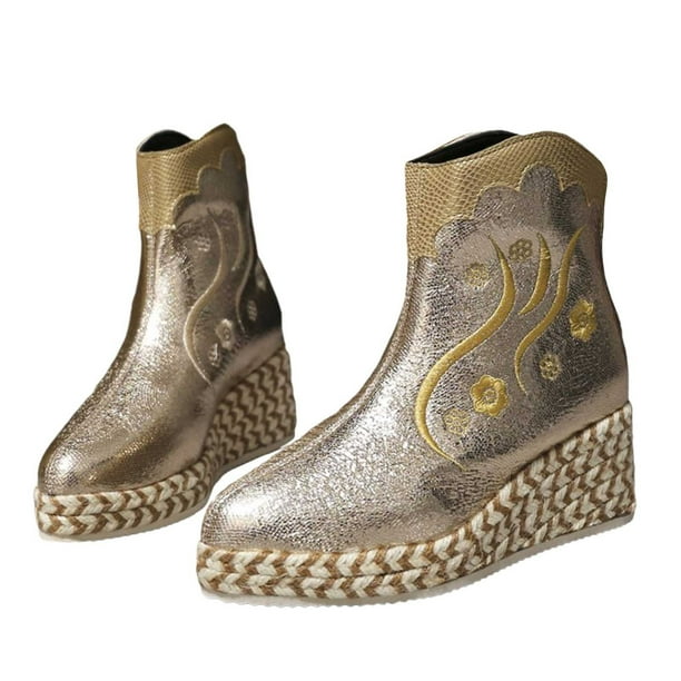 NECHOLOGY Botas Mujer Adulto Femenino Zapatos Botines de mujer Botas de moda para mujer con altura interior elevada, botas altas de estilo antiguo, botas bordadas para mujer, botas (Gold, 6.5)