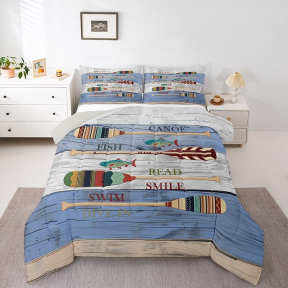 Homewish Farmhouse Lake House Bedding Comforter Set, Blue Grey Lodge Cabin Twin Comforter Sets, Cartoon Boat Paddle Reversible Bedding Set, Lightweight Room Decor, 2pcs