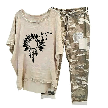Virmaxy Womens Comfortable Loungewear Homewear 2 Piece Set Printed Loungewear Leisure Set Medium Sleeve Round Neck Top + Pants Set Khaki-A 3xl