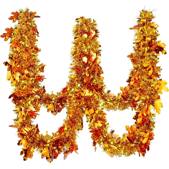 XD4-Thanksgiving 6 Pcs/ 39 Ft Fall Leaves Orange Tinsel Garland Gold Maple Leaf Metallic Twist Garland Decor Pumpkin Autumn Christmas Party Supplies for Home Door Fall*04