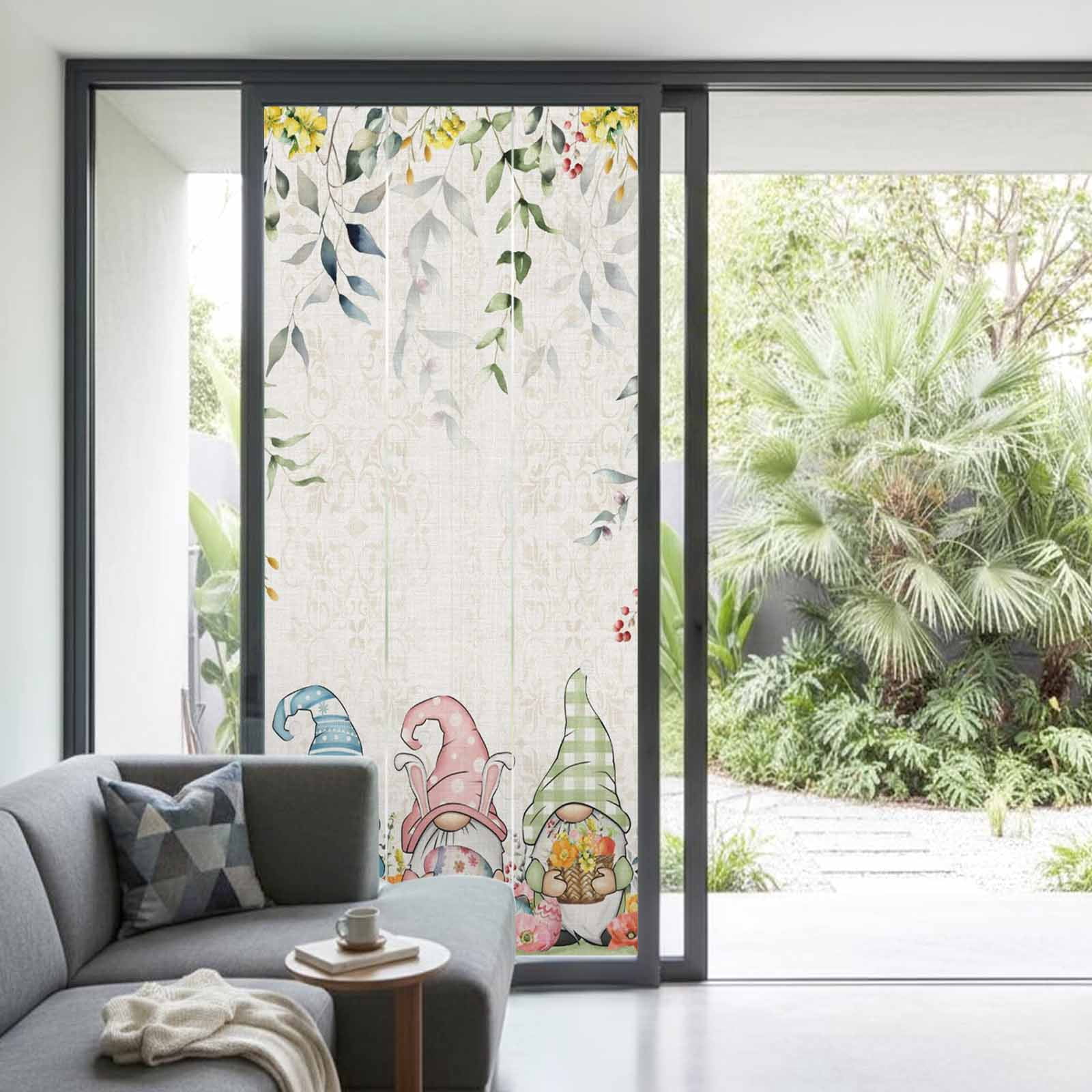 Easter Gnomes Window Privacy Film, Spring Floral Leaf Botanical Gnomes Colorful Egg Linen Texture Frosted Glass Window Clings Static Cling Heat Blocking Reusable Sticker for Bedroom 35.4x78.7 Inch